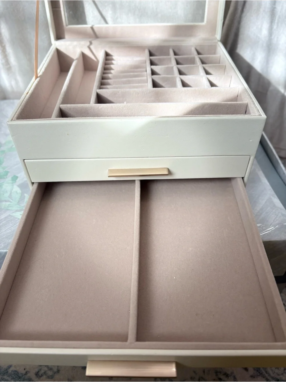 SONGMICS beige  Glass Top Jewelry Box Organizer 2 Drawers Gold Hardware